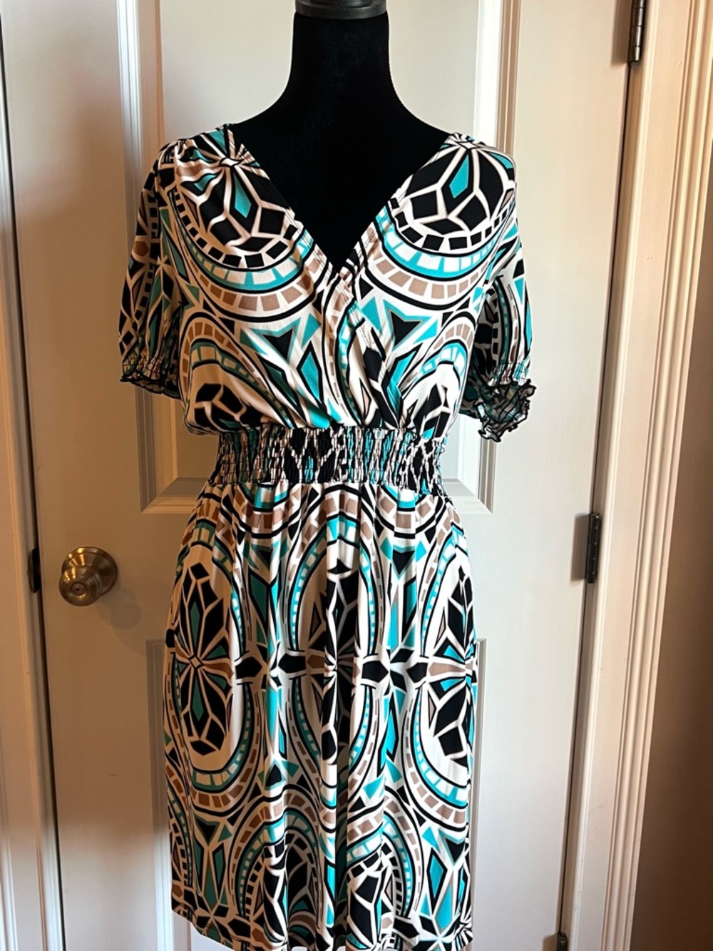 Enfocus Studio Teal, Black and Cream Geometric Midi Dress